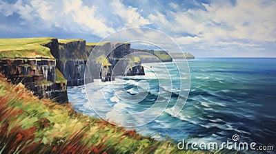 Ethereal Horizon: Impressionistic Canvas Enchants Cliffs of Moher Landscape Stock Photo