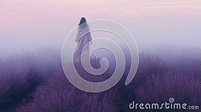 Ethereal Horror: Woman Standing In Lavender Fog On A Darkly Romantic Field Stock Photo