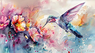 Ethereal Hummingbird Feeding on a Vibrant Floral Abstract in Dreamlike Watercolor Landscape Stock Photo