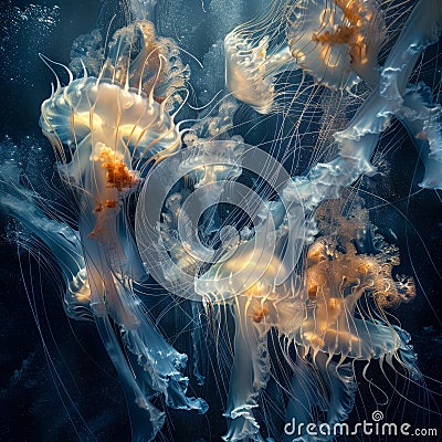 Ethereal jellyfish ballet in detailed cinematic ocean shot with scattering lighting Stock Photo