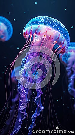 Ethereal jellyfish illuminate the dark ocean with an enchanting glow Stock Photo