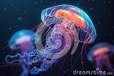 Ethereal jellyfish illuminate the dark ocean with an enchanting glow Stock Photo