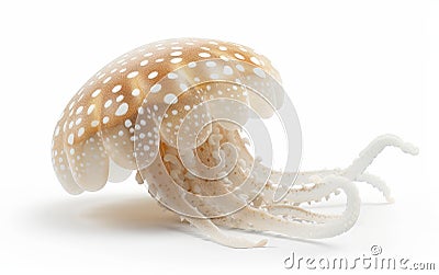 Ethereal jellyfish with spotted dome and delicate tentacles drifting elegantly against a white background. Stock Photo
