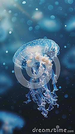 Ethereal jellyfish swimming against a deep blue ocean background Stock Photo