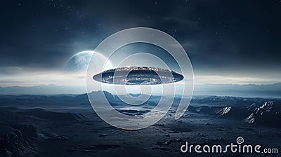 Ethereal Lunar Exploration: Serene Spaceship Suspended in Twilight Stock Photo