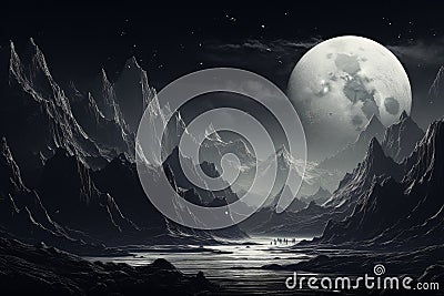 Ethereal Monochrome big moon above the mountains. Generate ai Stock Photo