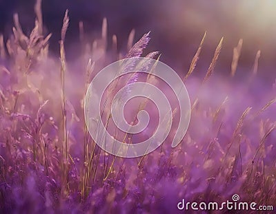 Ethereal Purple Meadow at Twilight Stock Photo