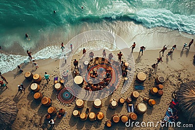 Ethereal Rhythms: Beachside Drum Circles in Harmony with Nature Stock Photo