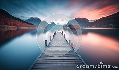 Ethereal Scandinavian Evening Lake Wooden Pier as Dreamy Background. Stock Photo