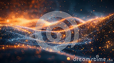An ethereal scene with shimmering particles and light beams connecting and dancing around each other illustrating the Stock Photo