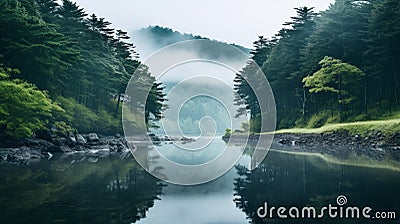 Ethereal Seascapes: A Japanese Minimalist River With Mirrored Realms Stock Photo