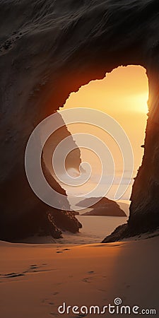 Ethereal Seascapes: Sand Dune Cave With Soft Muted Waves And Sunrise Stock Photo