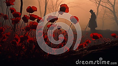 Ethereal Silhouette A Soldier Amidst A Field Of Red Poppies Stock Photo