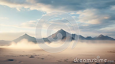 Ethereal Sunrise: Mountains, Fog, And Serene Desert Atmosphere Stock Photo