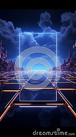 Ethereal synthesis: 3D abstract ground meets a floating blue neon frame, retrowave-inspired. Stock Photo