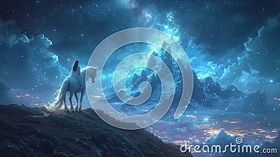 Ethereal Unicorn and Warrior Overlooking Cosmic Mountain Vista Stock Photo