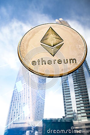 ethereum agains skyscrapers - futuristic smart city - cryptocurrency concept Editorial Stock Photo