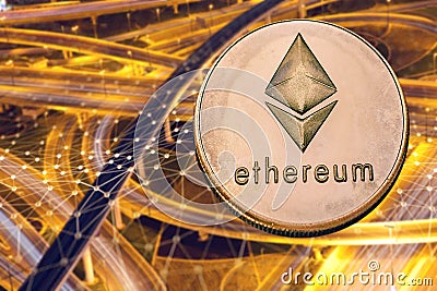 ethereum against skyscrapers - futuristic smart city - cryptocurrency concept Editorial Stock Photo