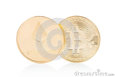 Ethereum and Bitcoin, golden coins on white, clipping path Editorial Stock Photo