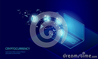 Ethereum Bitcoin Ripple coin digital cryptocurrency laptop pc cell web online payment. Big data information exchange Vector Illustration