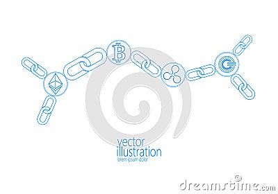 Ethereum Bitcoin Ripple GCC coin digital cryptocurrency global chain connection. Big data information mining technology Vector Illustration