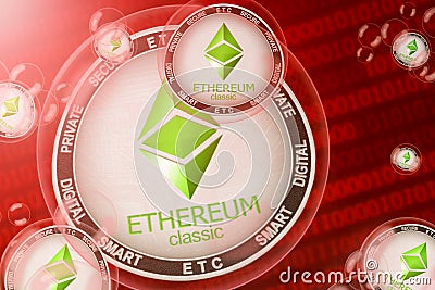 Ethereum Classic crash, bubble. Ethereum Classic ETC cryptocurrency coins in a bubbles on the binary code background Editorial Stock Photo