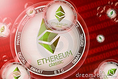Ethereum Classic crash, bubble. Ethereum Classic ETC cryptocurrency coins in a bubbles on the binary code background Editorial Stock Photo