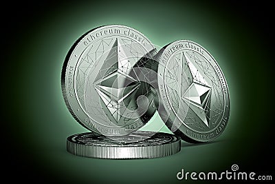 3 Ethereum classic ETC physical concept coins on gently lit green background. Editorial Stock Photo