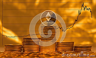 Ethereum coin against background of price graph Editorial Stock Photo