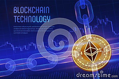 Ethereum. Crypto currency. Block chain. 3D isometric Physical golden Ethereum coin with wireframe chain on blue financial backgrou Cartoon Illustration