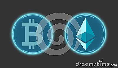 Ethereum cryptocurrency and bitcoin in blue Vector Illustration