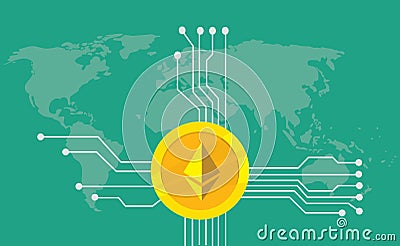 Ethereum cryptocurrency brand icon option with golden coin and electronic point with world map background Cartoon Illustration
