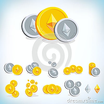 Ethereum. 2D cartoon coin. Digital currency. Cryptocurrency. Golden coins with symbol isolated on white background Vector Illustration