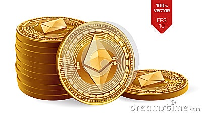 Ethereum. 3D isometric Physical coins. Digital currency. Cryptocurrency. Stack of golden coins with Ethereum symbol Vector Illustration
