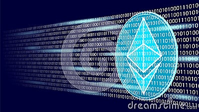 Ethereum digital cryptocurrency sign binary code number. Big data information mining technology. Blue glowing abstract Vector Illustration