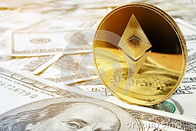 Ethereum ETH coin and dollars. Cryptocurrency exchange. Editorial Stock Photo