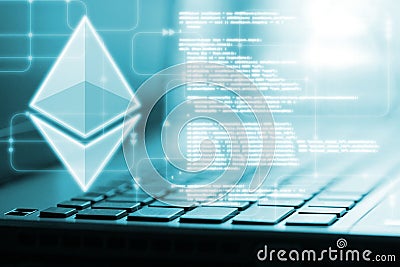 Ethereum ETH glowing led hologram on Computer keyboard and virtual software flow chart background. Editorial Stock Photo