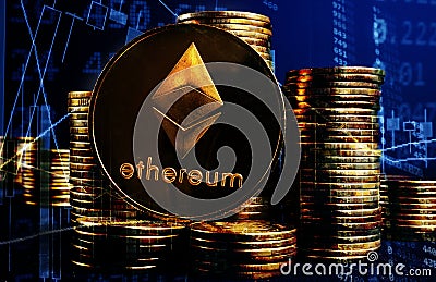 Ethereum ETH and stacks of coins. Cryptocurrency stock exchange. Editorial Stock Photo