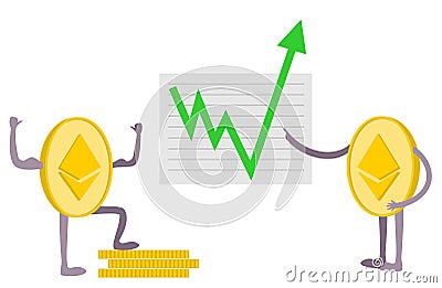 Ethereum growth. ethereum growth graph. Green arrow up. ethereum index rating go up on exchange market. Crypto currency Vector Illustration