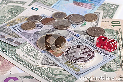 Ethereum and Litycoin coins lying on euro and dollar banknotes with red Dice. Concept blockchain, cryptocurrencies, investment Editorial Stock Photo