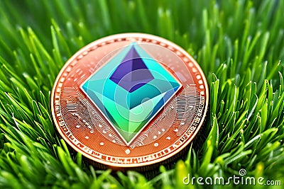 Ethereum logo on lush green grass, ecological concept of e-commerce and renewable energy Editorial Stock Photo