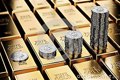 Ethereum piles on rows of gold bars gold ingots. Ethereum keep growing and it is as desirable as gold - concept. Editorial Stock Photo
