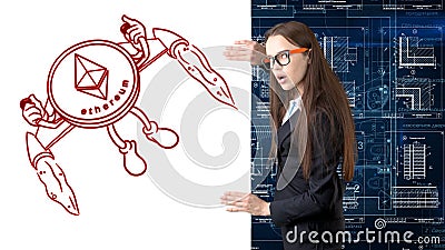 Ethereum sketch with young businesswoman in a suit with longhair and pretty thoughtful face. Criptocurrency concept. Editorial Stock Photo