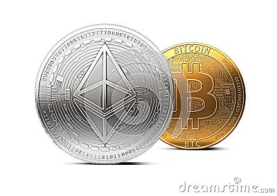 Ethereum stands in front of bitcoin isolated on white background. Domination concept. Editorial Stock Photo