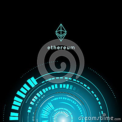 Ethereum symbol . circuit line on binary code and gears background. Vector illustration cryptocurrency mining concept. Cartoon Illustration
