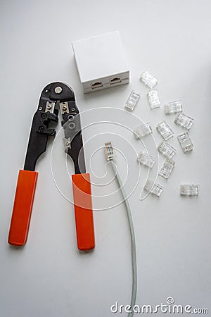 Ethernet cable twisted pair, connectors, crimping tools and Internet outlets, Internet connection Stock Photo