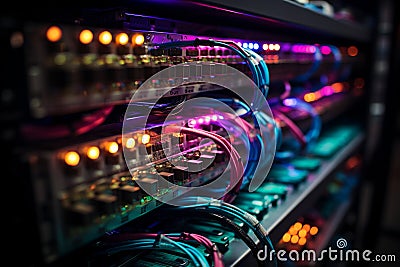 Ethernet cables connected to network server rack for efficient data transmission Stock Photo