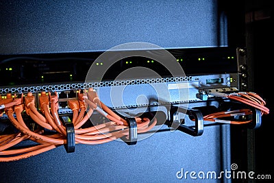 Ethernet cables of internet switch Stock Photo