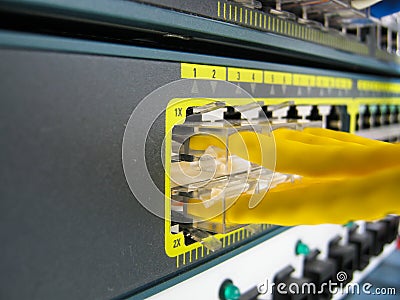 Ethernet RJ45 cables are connected to internet switch Stock Photo