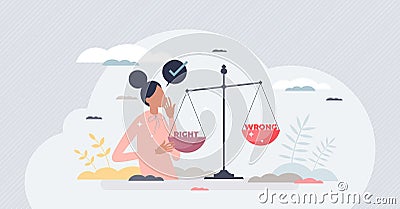 Ethical behavior and wright or wrong dilemma choice tiny person concept Vector Illustration